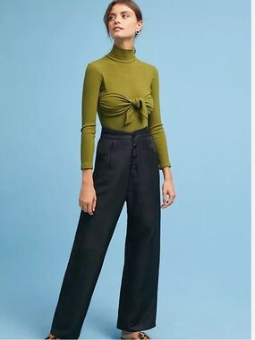 Mara Hoffman Olive Green Ribbed Tie-Front Turtleneck body suit